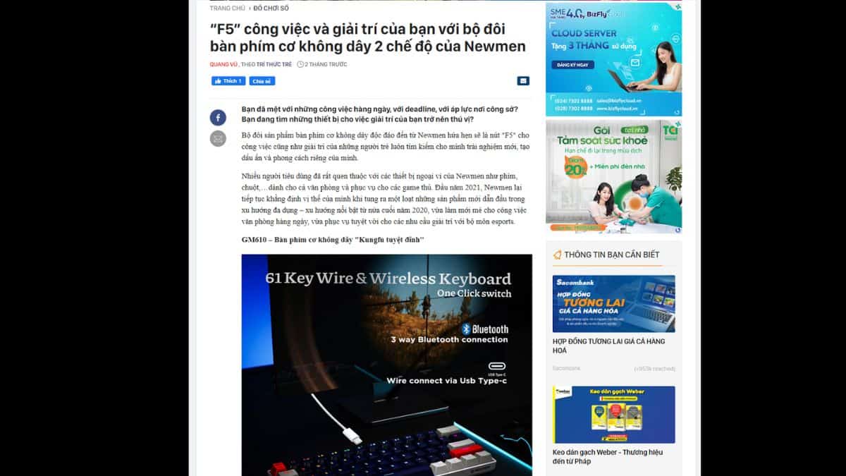 Quảng cáo bàn phím cơ không dây Newmen trên báo GenK.vn