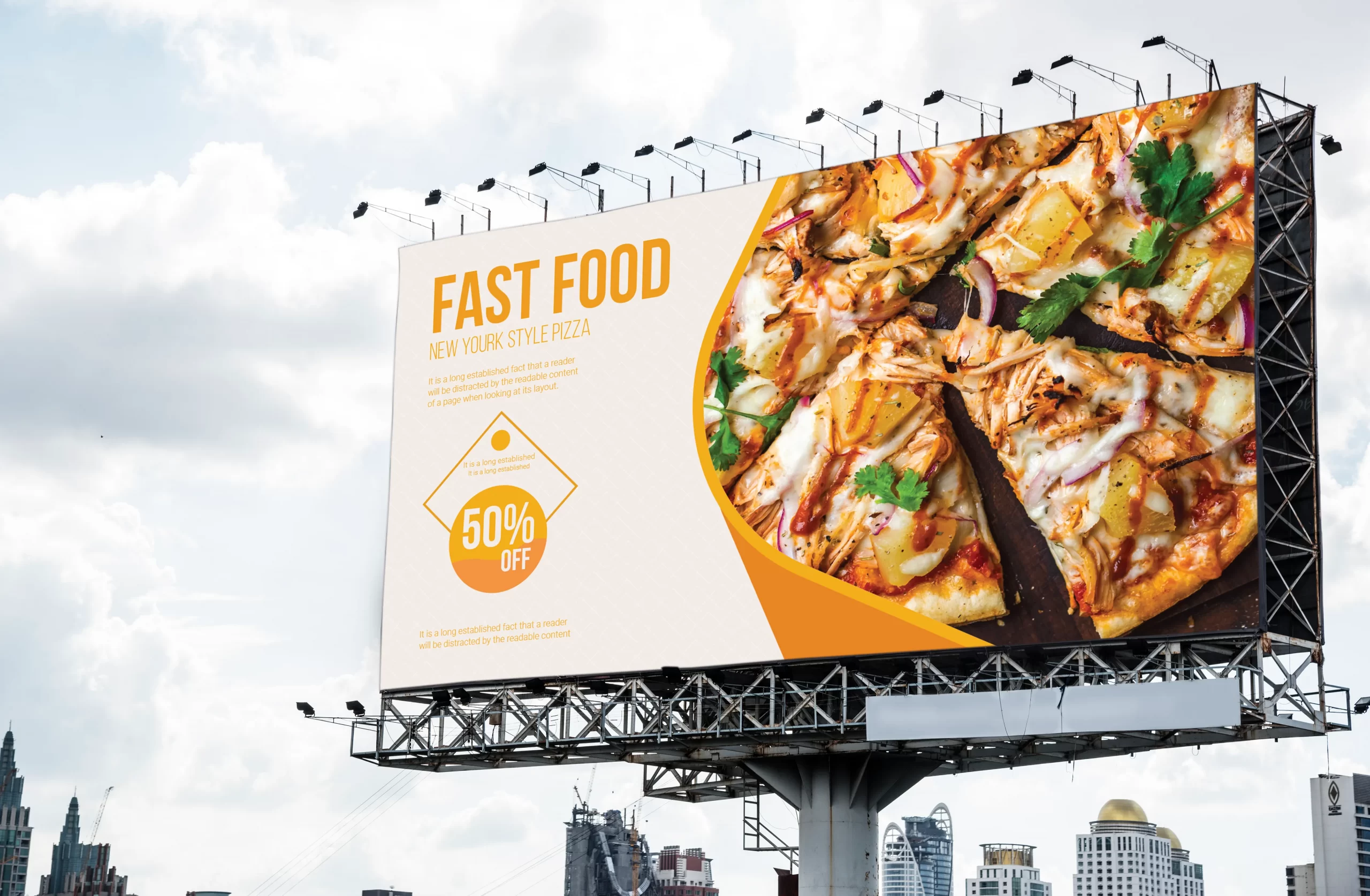 #12. Billboard quảng cáo ẩm thực nổi bật với hình ảnh pizza hấp dẫn và thông điệp ưu đãi 50%, thu hút sự chú ý mạnh mẽ tại khu vực đô thị đông đúc