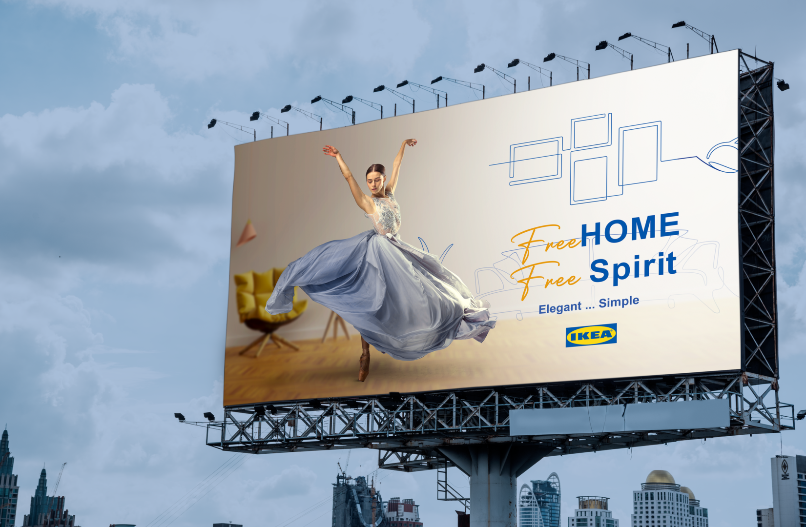 #15. Biển quảng cáo ngoài trời của IKEA nổi bật với hình ảnh cô gái múa uyển chuyển trong không gian nội thất hiện đại, truyền tải thông điệp về sự tự do, tinh tế và phong cách sống đơn giản