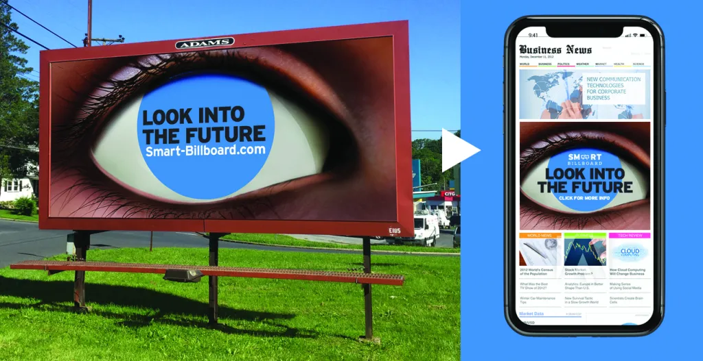 Biển quảng cáo ngoài trời với hình ảnh con mắt lớn và thông điệp “Look into the future – Smart-Billboard.com”.
