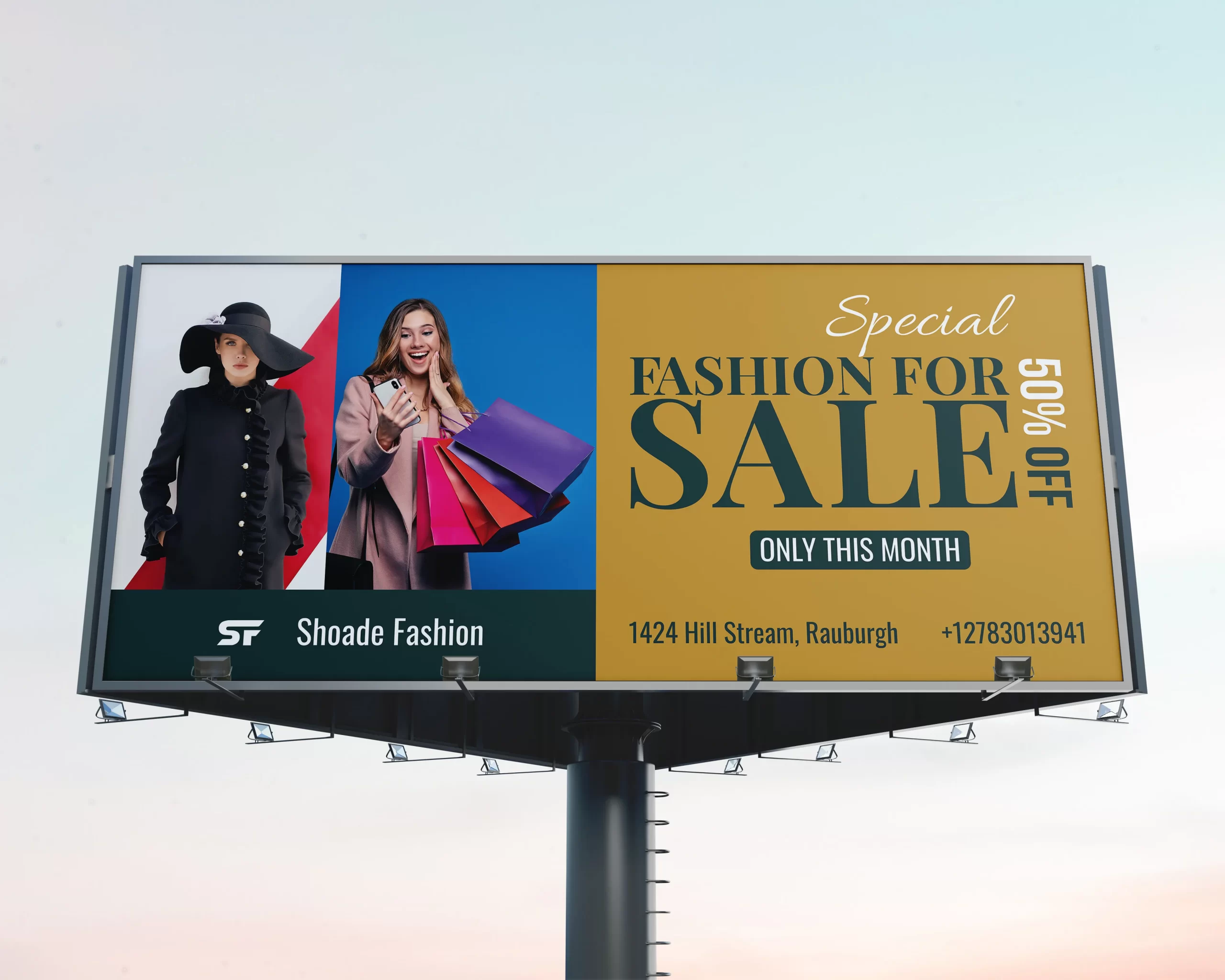 Biển billboard quảng cáo thời trang với thiết kế hiện đại, nổi bật chương trình “Fashion Sale up to 50% off”