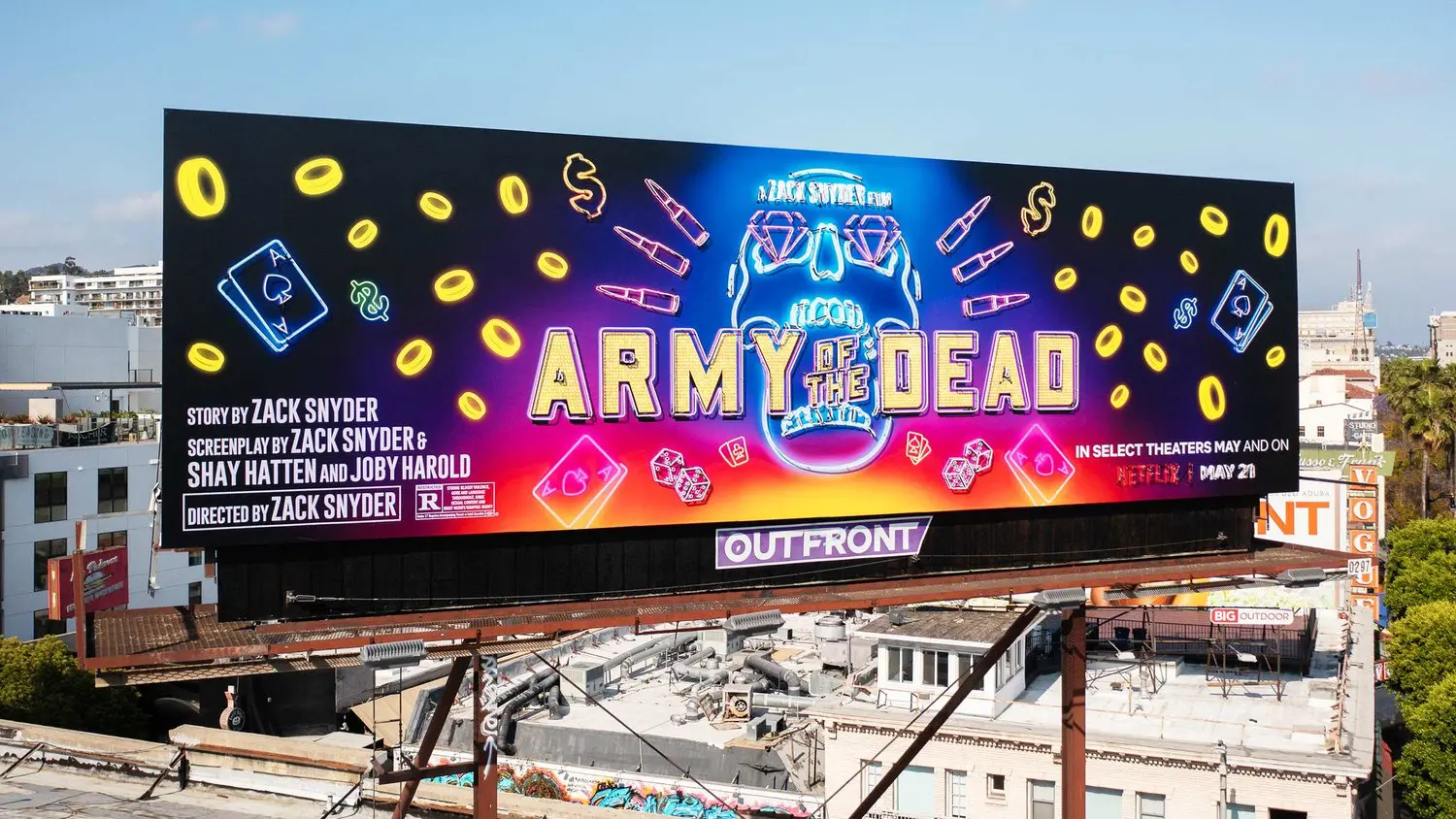 #87. Biển quảng cáo ngoài trời nổi bật với thiết kế rực rỡ như đèn neon, quảng bá bộ phim Army of the Dead với tiêu đề lớn ở trung tâm 
