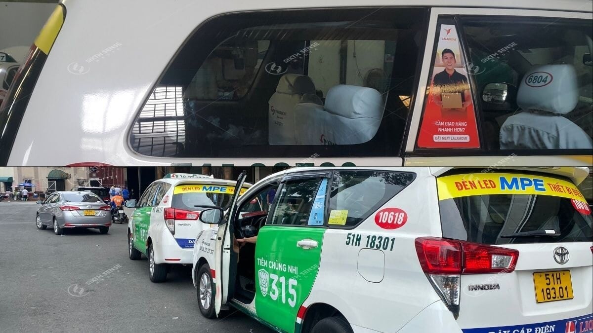 Các Hình Thức Quảng Cáo Taxi- Dán Kính Tam Giác, Kính Hông, Kính Sau 